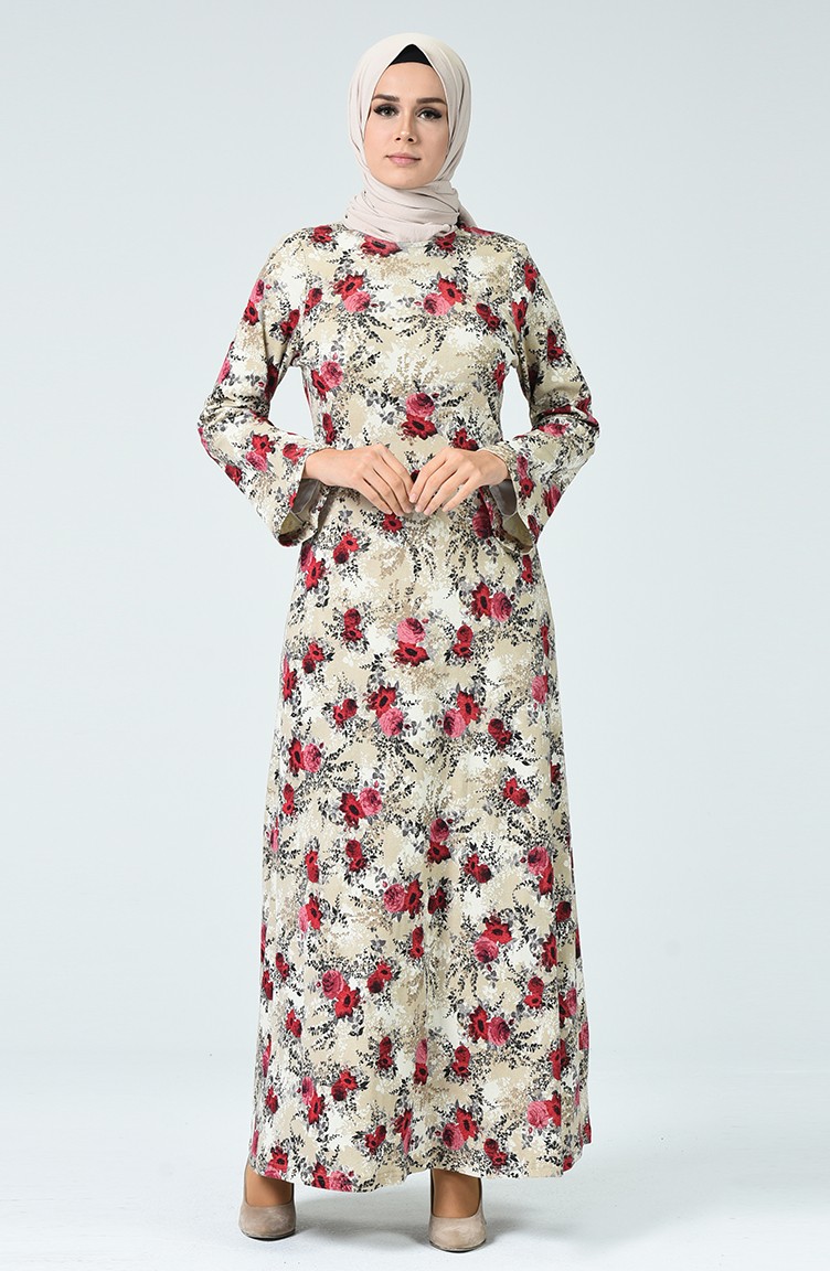 Çiçek Desenli Elbise 1336-01 Bordo