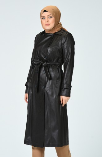 Trench Coat Effet Cuir à Boutons Grande Taille  2113-01 Café Foncé 2113-01