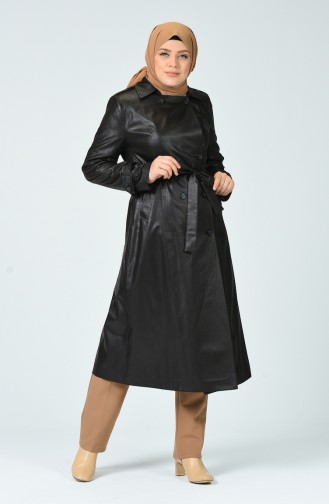 Trench Coat Effet Cuir à Boutons Grande Taille  2113-01 Café Foncé 2113-01
