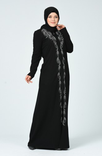 Abaya İmprimé de Pierre Grande Taille 9673-01 Noir 9673-01