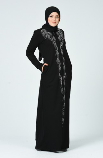 Abaya İmprimé de Pierre Grande Taille 9673-01 Noir 9673-01