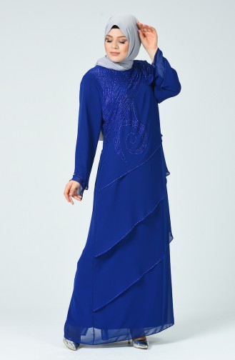 Robe de Soirée İmprimée de Pierre Grande Taille 6288-01 Bleu Roi 6288-01