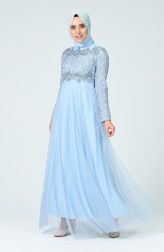 Robe de Soirée à Dentelle 5218-05 Bleu Bébé 5218-05