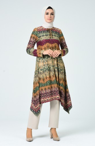 Tunique Asymétrique à Motifs 1339-02 Vert Khaki 1339-02