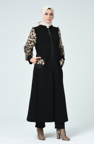 Abaya Garnie à Motifs Léopard 3019-01 Noir 3019-01