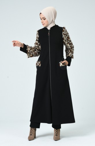 Abaya Garnie à Motifs Léopard 3019-01 Noir 3019-01