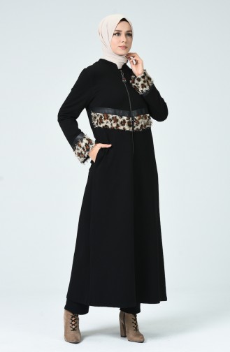 Abaya à Motifs Léopard 3020-01 Noir 3020-01