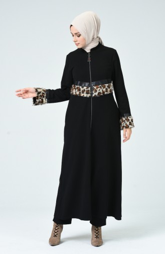 Abaya à Motifs Léopard 3020-01 Noir 3020-01