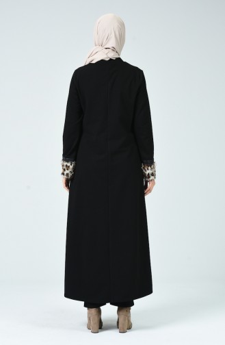 Abaya Garnie à Motifs Léopard 3020-01 Noir 3020-01