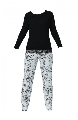 Bayan Çiçek Desenli Pijama Takımı MBY1001-01 Siyah