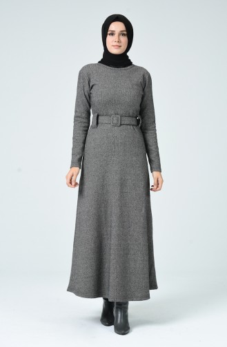Gemustertes Winterliches Kleid mit Gürtel 0018-01 Grau 0018-01