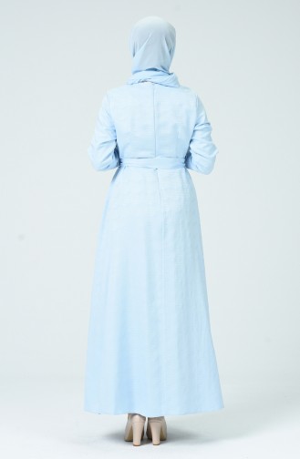 Jakarlı Kuşaklı Elbise 60079-03 Bebek Mavisi