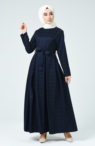 Robe à Ceinture Jacquard 60079-08 Bleu Marine 60079-08