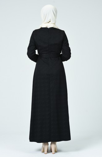 Jakarlı Kuşaklı Elbise 60079-10 Siyah