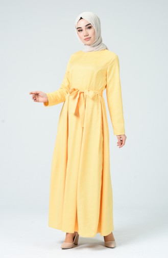 Jakarlı Kuşaklı Elbise 60079-12 Sarı