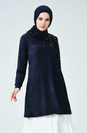 Payetli Kadife Tunik 6014-04 Lacivert
