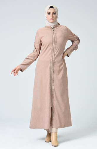 Besticktes Abaya aus Samt 61302-07 Creme 61302-07