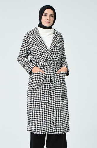 Crowbar Patterned Belted Coat Black White 6036-01