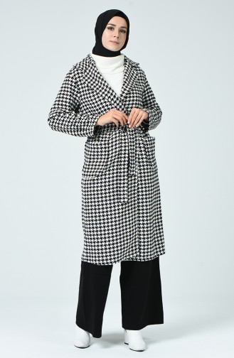 Crowbar Patterned Belted Coat Black White 6036-01