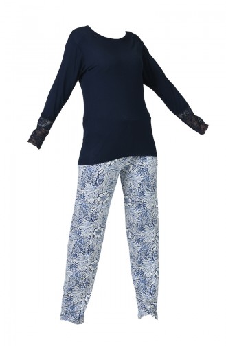 Ensemble Pyjama à Détail Manches Longues Pour Femme MBY1004-01 Bleu Marine 1004-01