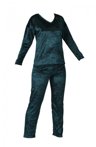 Bayan Sırtı Dantel Detaylı Kadife Pijama Takımı MBY1522-01 Zümrüt Yeşili