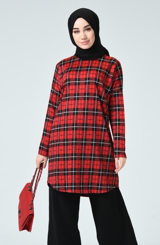 Plaid Patterned Winter Tunic Red 1203-01