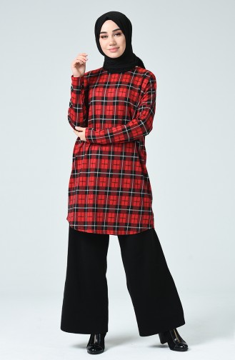 Plaid Patterned Winter Tunic Red 1203-01