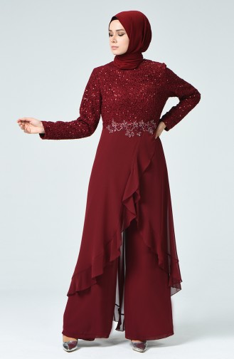 Claret Red Hijab Evening Dress 52767-05