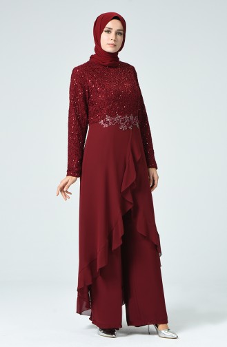 Claret Red Hijab Evening Dress 52767-05