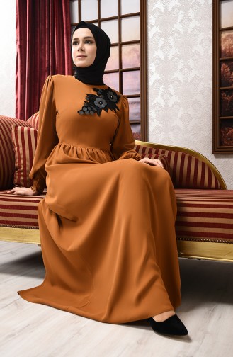 Mustard Hijab Evening Dress 8031-01