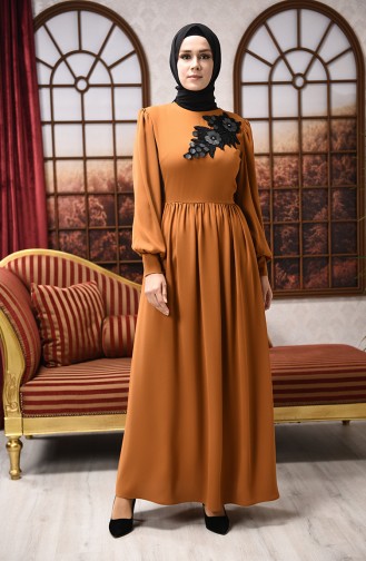 Mustard Hijab Evening Dress 8031-01