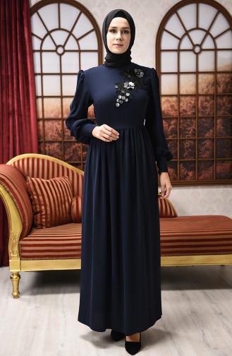 Navy Blue Hijab Evening Dress 8031-03