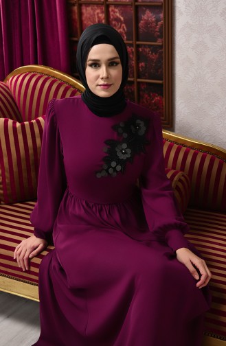 Plum Hijab Evening Dress 8031-02