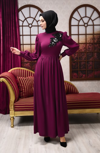 Plum Hijab Evening Dress 8031-02