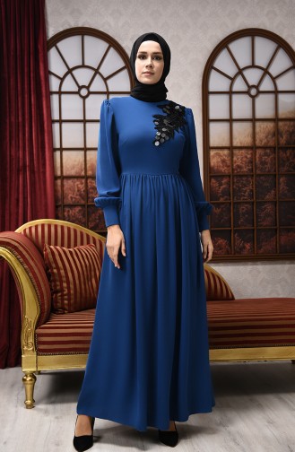 Petrol Hijab Evening Dress 8031-07