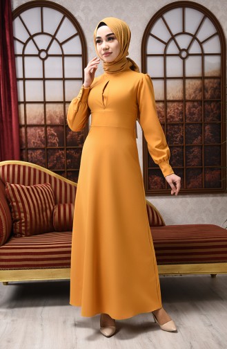 Hakim Yaka Düz Elbise 2703-01 Hardal
