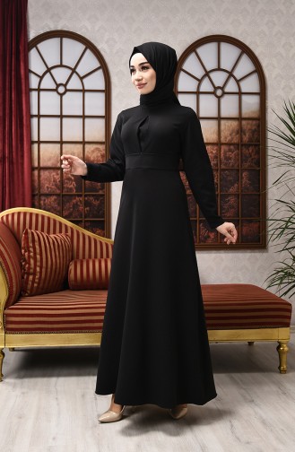 Önü Detaylı Kloş Elbise 2704-10 Siyah