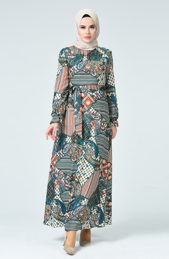 Patterned Belted Dress 60084-01 Petrol 60084-01