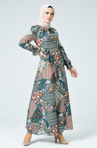 Patterned Belted Dress 60084-01 Petrol 60084-01