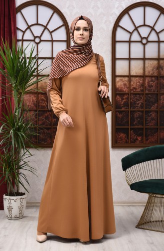 Elastic Sleeve Straight Dress Camel 8110-04