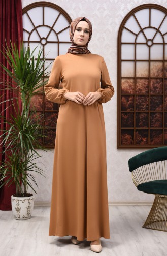 Elastic Sleeve Straight Dress Camel 8110-04