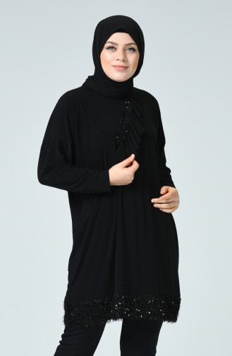 Grosse Grösse Abendkleid-Tunika mit Quasten 2025-03 Schwarz 2025-03