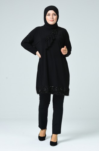 Grosse Grösse Abendkleid-Tunika mit Quasten 2025-03 Schwarz 2025-03