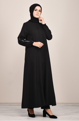 Abaya à Rayures Pailletées  8126-01 Noir 8126-01