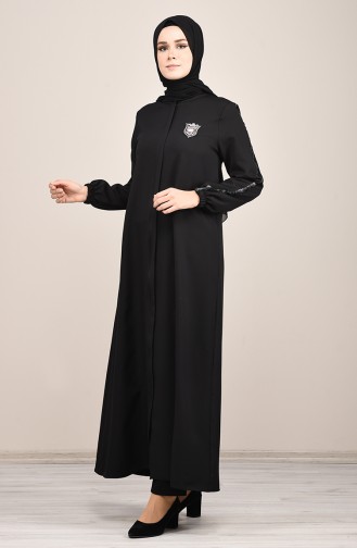 Abaya à Rayures Pailletées  8126-01 Noir 8126-01