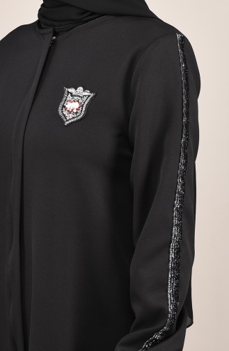 Abaya à Rayures Pailletées  8126-01 Noir 8126-01