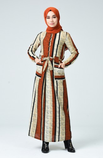 Çizgili Kışlık Elbise 1216A-01 Kiremit