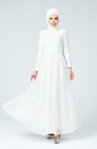 Tüllü Dantelli Abiye Elbise 0051-01 Beyaz