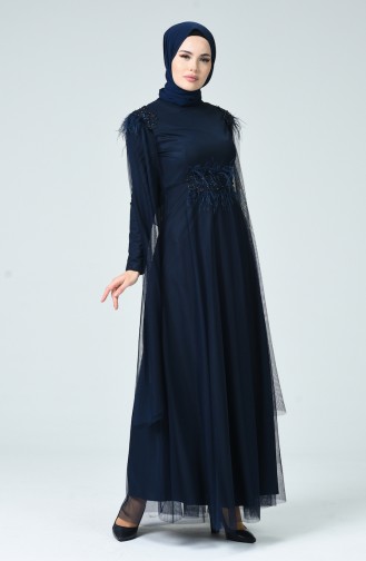 Feather Tulle Evening Dress Navy Blue 5234-01