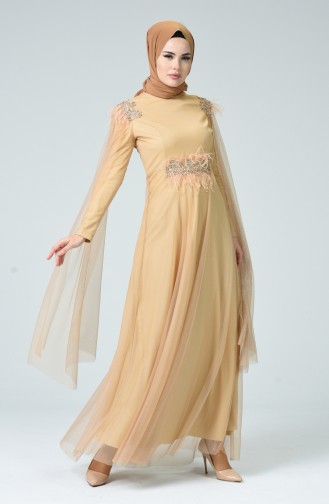 Feather Tulle Evening Dress Beige 5234-02